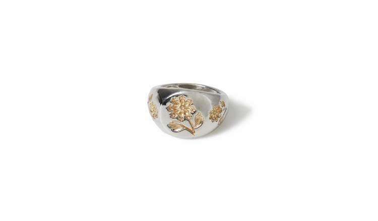 Freedom Silver Tone Floral Etched Statement Ring - Medium