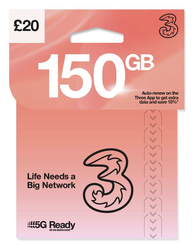 Three 120GB New Pay As You Go SIM Card