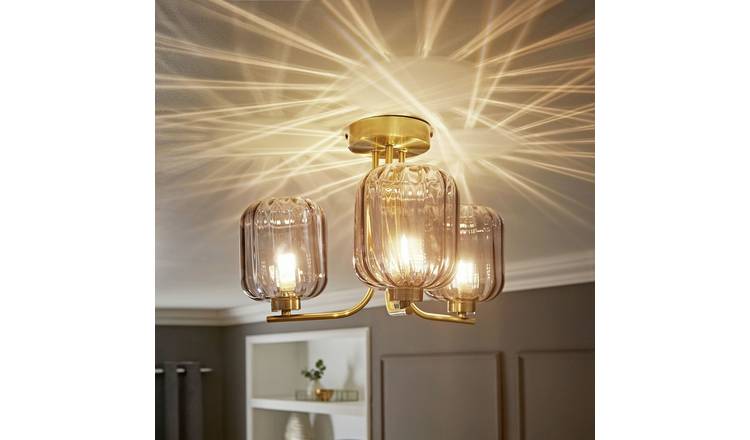 ValueLights Amelie Ribbed Glass Shade 3 Arm Flush Ceiling Light - Gold