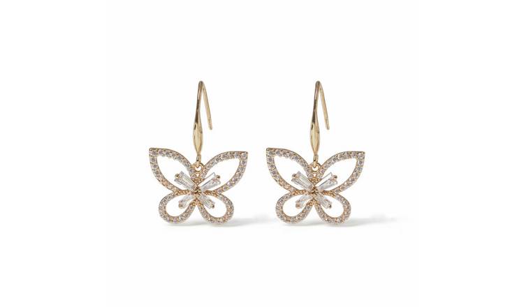 Freedom Gold Tone Crystal Accents Butterfly Hoop Drop Earrings