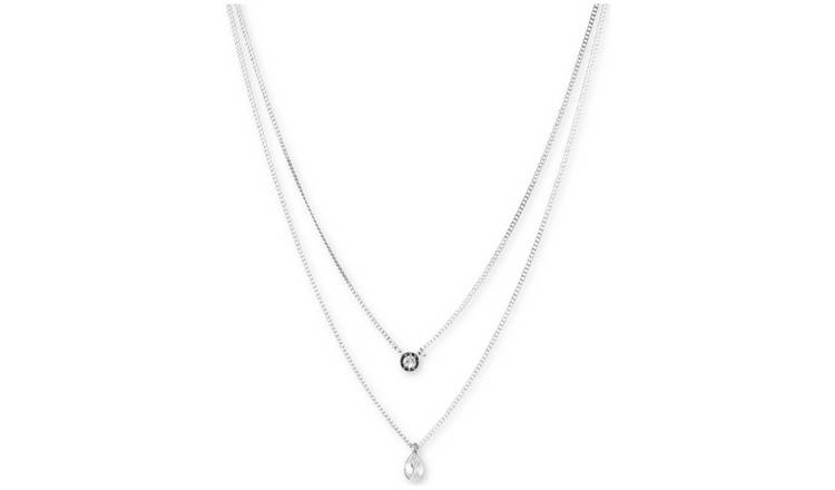 DKNY Silver Tone Crystal Drop Pendant Double Layer Necklace