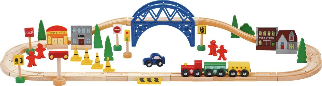 wooden train set with bridge