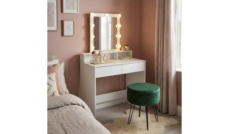 Harbour Housewares Wooden Dressing Table Set with LED Lights & Green Stool