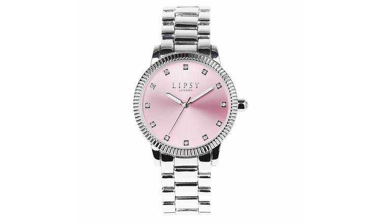 Lipsy Pink Dial Stone Set Silver Stainless Steel Bracelet Watch