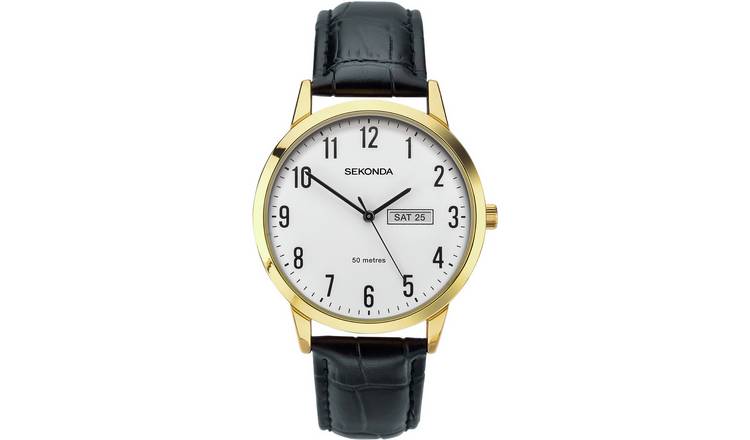 Buy Sekonda Men s Black Leather Strap White Dial Watch Argos