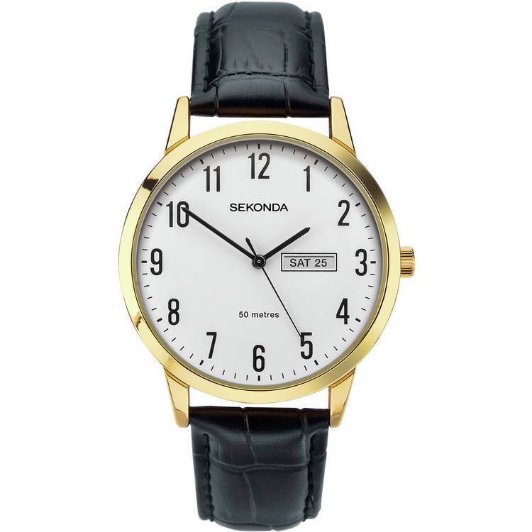 Sekonda Men's Black Leather Strap White Dial Watch 0