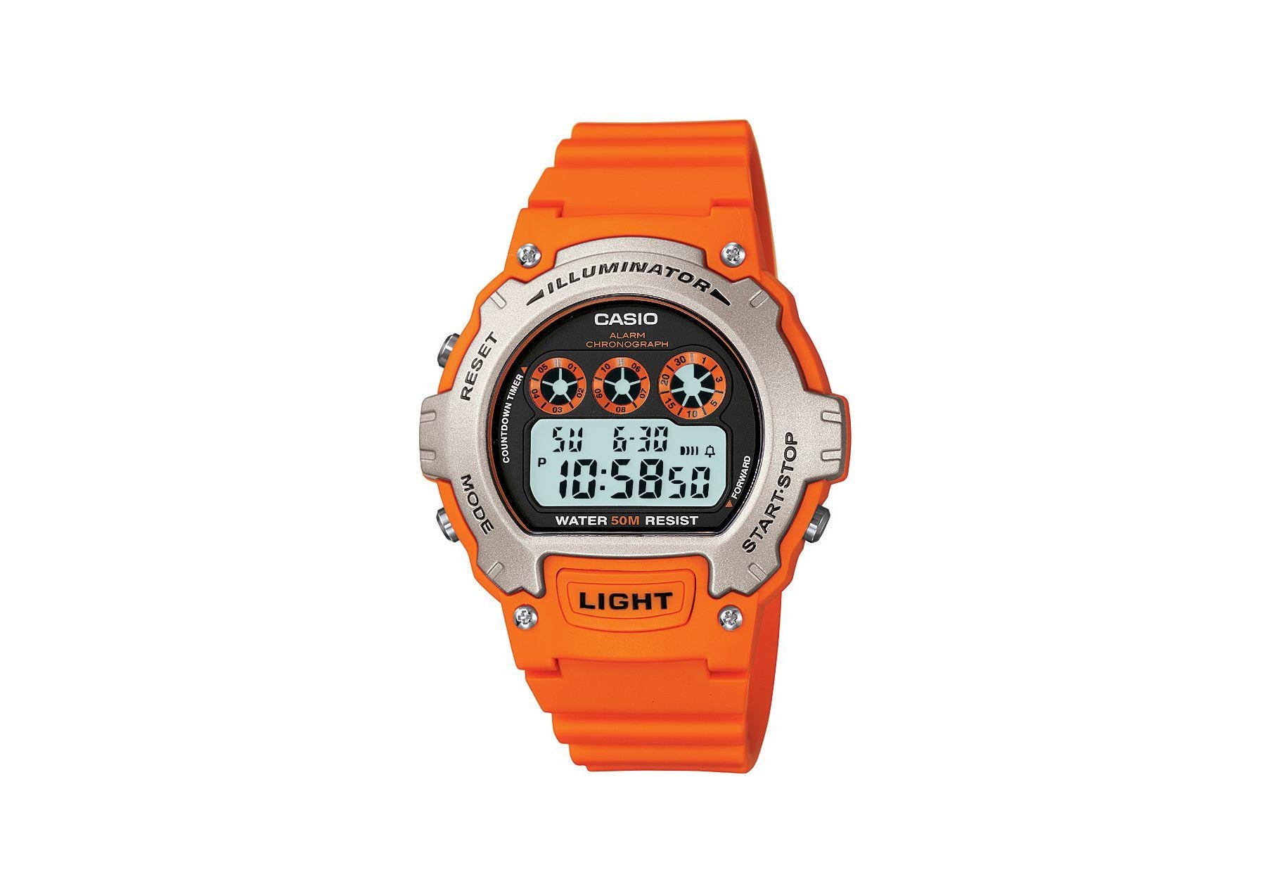 casio men's orange resin strap illuminator lcd watch