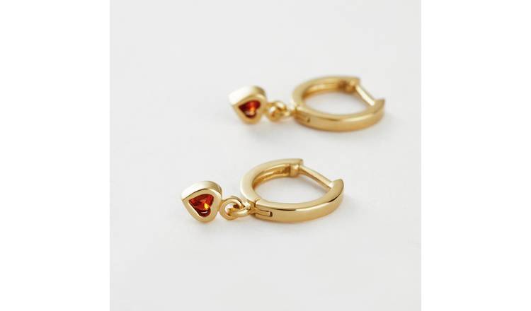 Revere Gold Plated Silver Red Cubic Zirconia Heart Drop Huggies Earrings