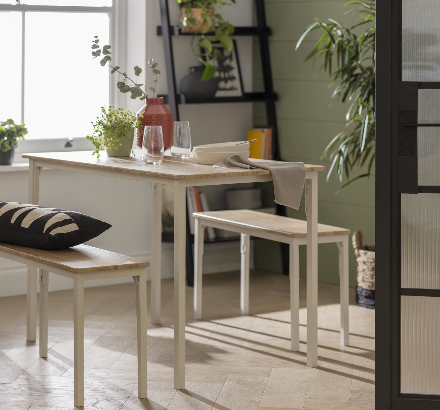 Argos Home Bolitzo Oak Dining Table & 2 White Benches