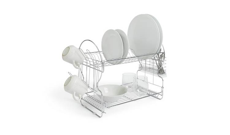 Home Shark 2 Tier Dish Drainer Rack Set, White Counter Rust