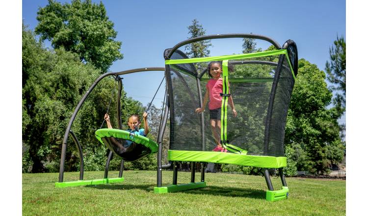 Swing set with store trampoline and saucer