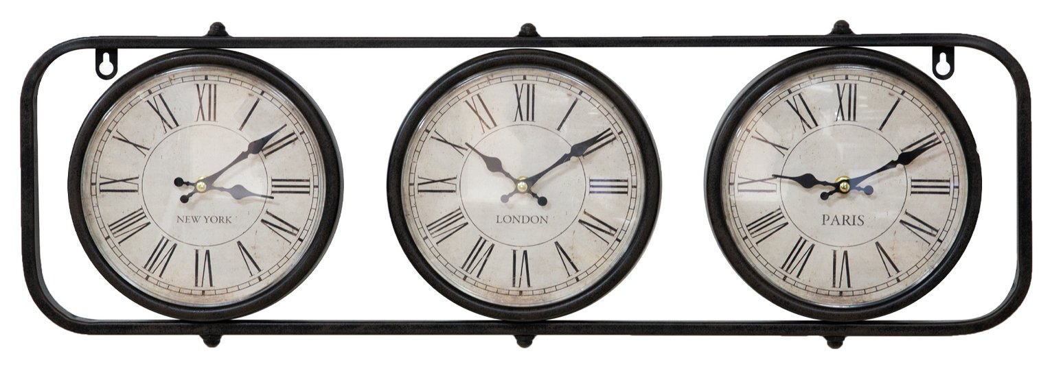 Hometime Metal Wall Clock with 3 Time Zones - Black