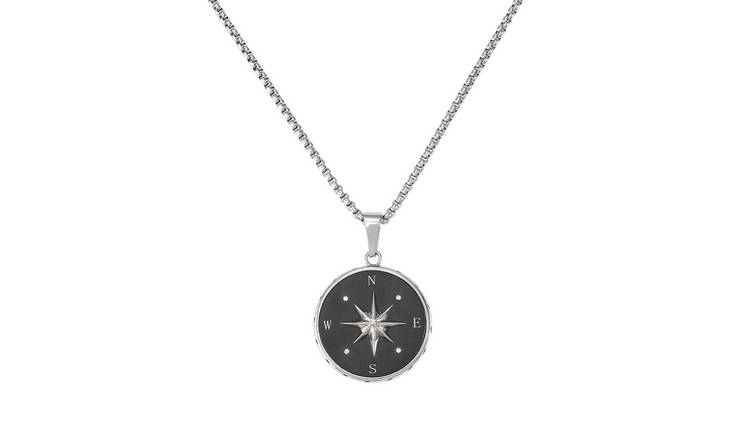Revere Crystal Set Compass Pendant Stainless Steel Necklace