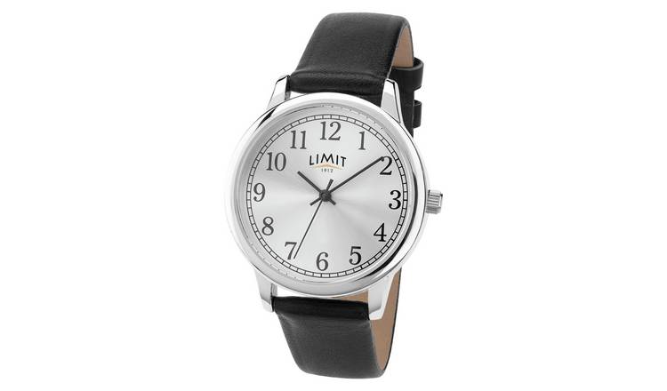 Silver watch with black clearance leather strap