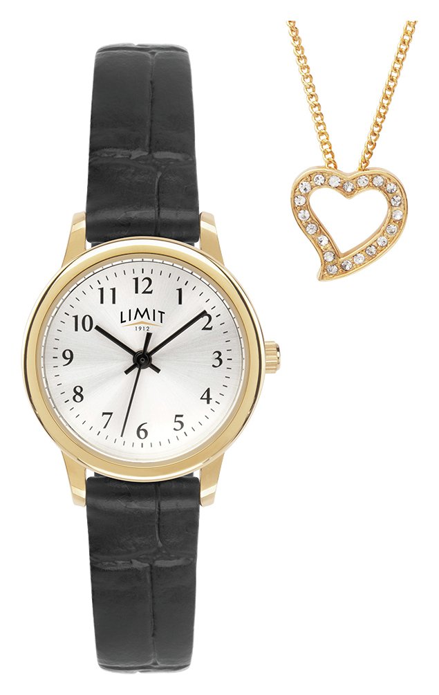 Limit Black Faux Leather Strap Watch and Gold Pendant