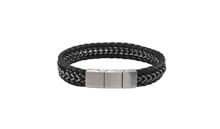 Revere Men's Stainless Steel Chain and Leather Bracelet