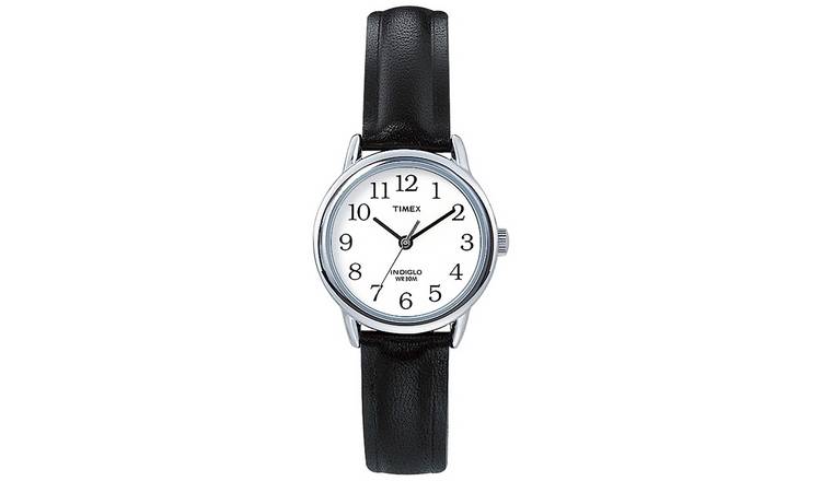 Buy Timex Ladies Silver Colour Bezel Black Leather Strap Watch