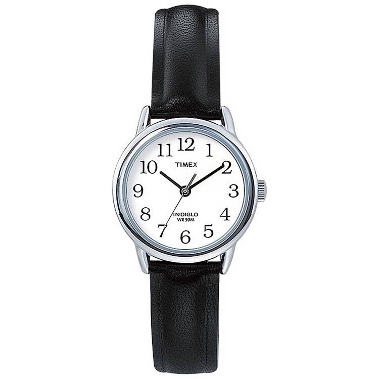 Timex Ladies Silver bezel watch with Black Leather Strap 0