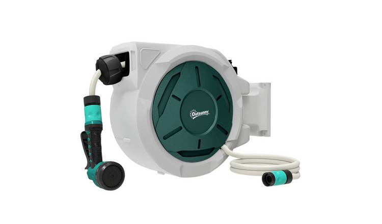 Outsunny Retractable Hose Reel Wall Mounted with Lock and Auto Rewind - Grey
