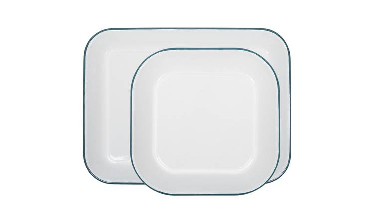 Argon Tableware 2pc White Rectangle Enamel Baking Tray Set - Green