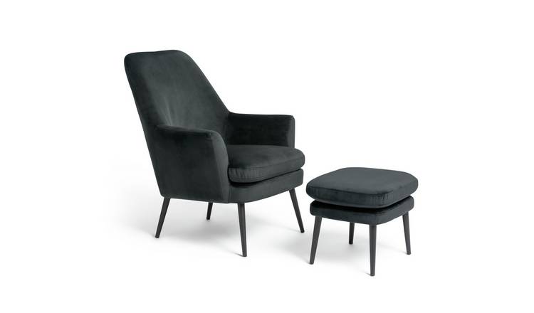 Habitat Celine Velvet High Back Chair & Footstool - Charcoal