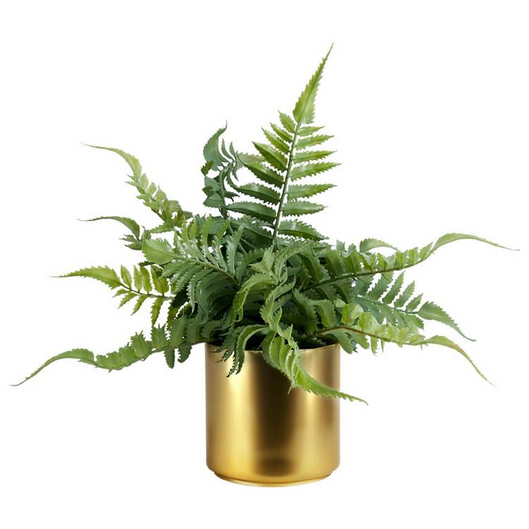 Habitat Artificial Green Fern in Gold Metal Plant Pot - 50cm 0