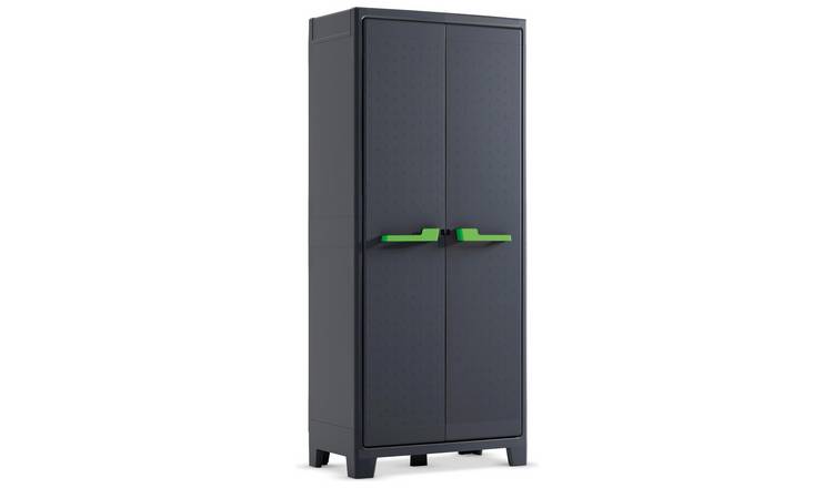 Tall outdoor storage cabinet deals with shelves