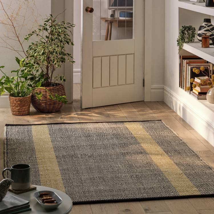 Habitat Stripe Grey & Gold Wool Flatweave Rug - 200x140cm 0