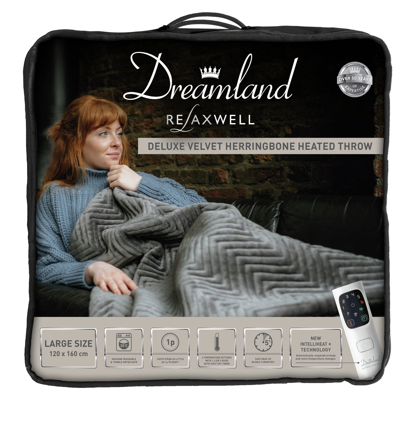 Dreamland Deluxe Velvet Herringbone Heated Throw - Grey