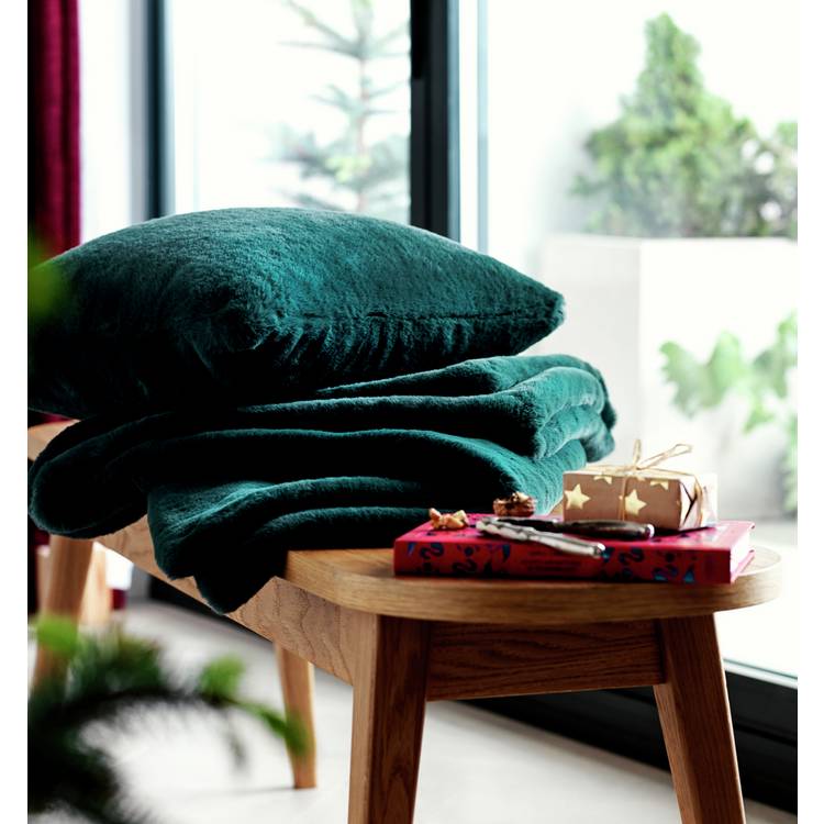 Habitat Plain Faux Fur Cushion - Emerald Green - 43x43cm 0
