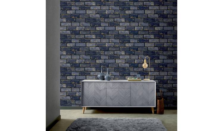 Arthouse Metallic Brick Navy Blue Wallpaper