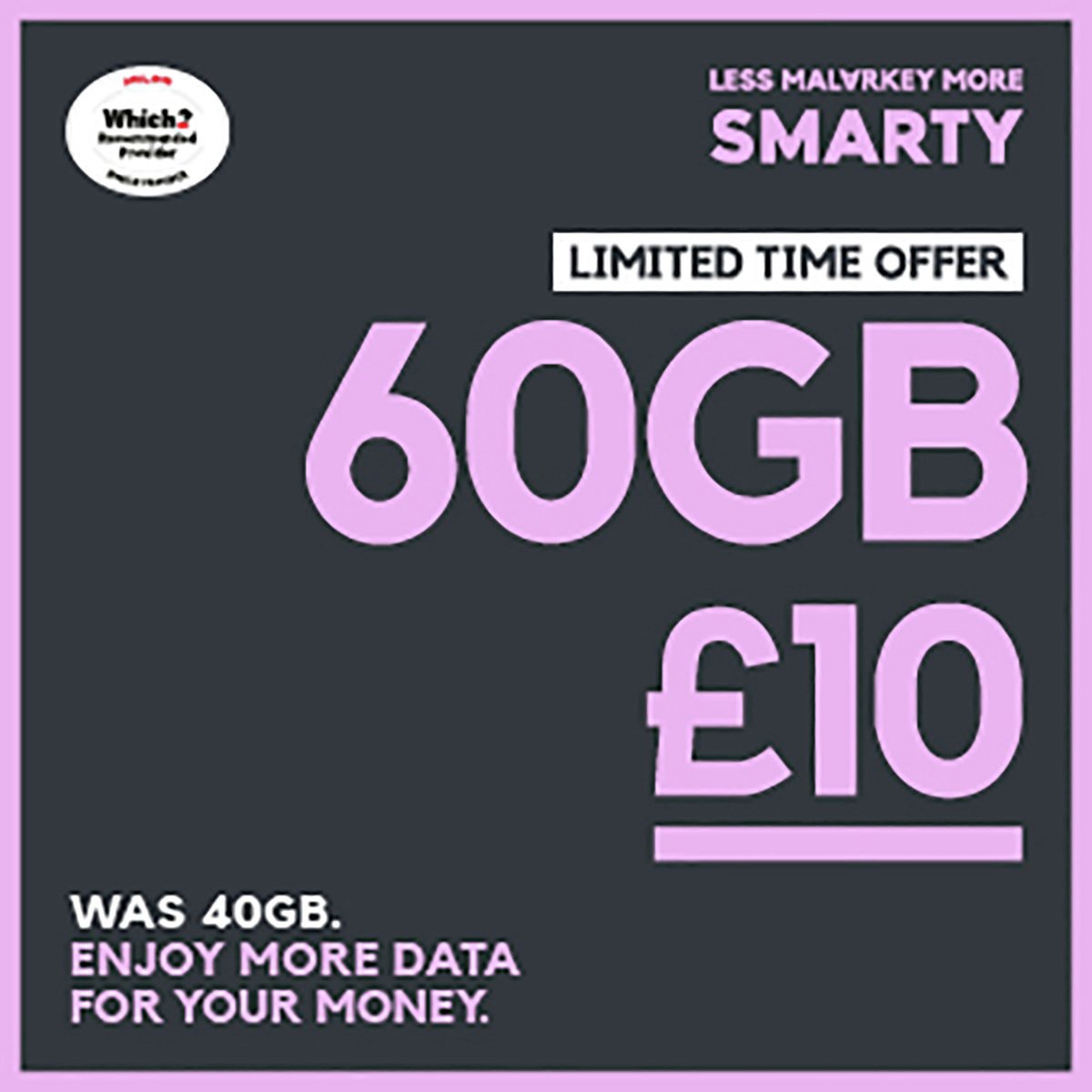 SMARTY 60GB 30 Day Pay As You Go SIM Card