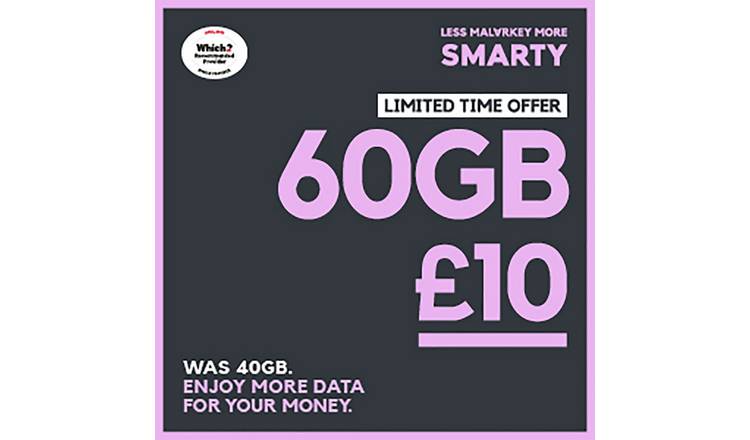 SMARTY 60GB 30 Day Pay As You Go SIM Card