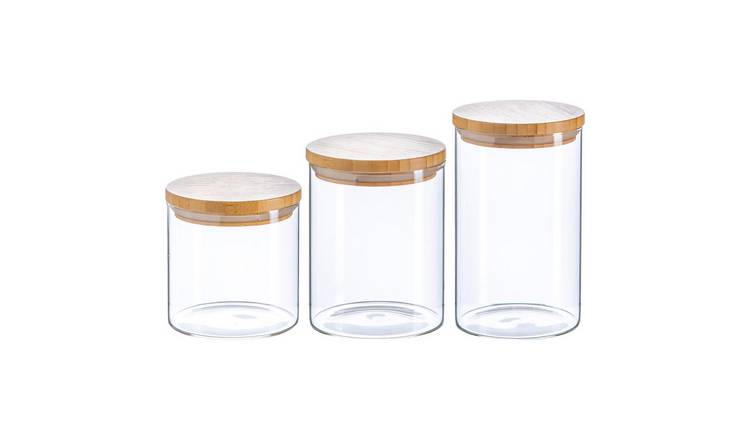 Argon Tableware 3 Piece Scandi Glass Storage Jars Set with Wooden Lids