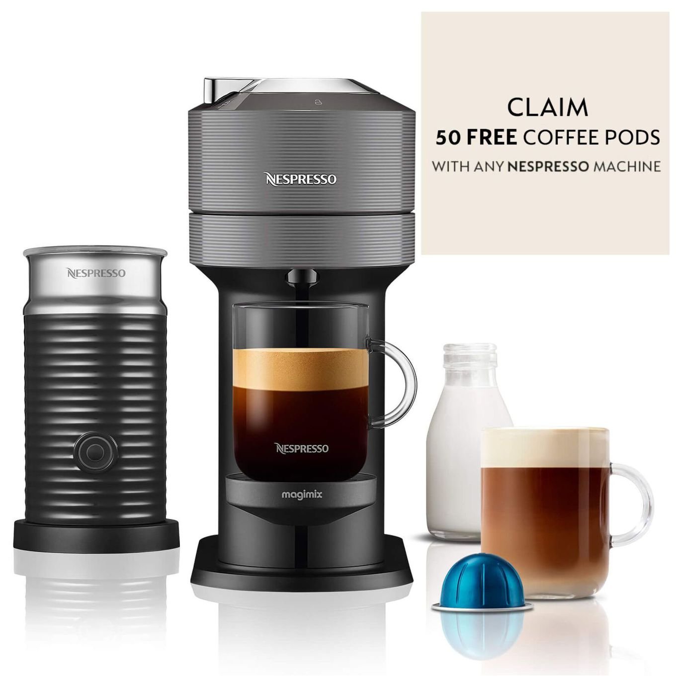 Nespresso Vertuo Next Pod Coffee Machine Bundle Magimix Grey