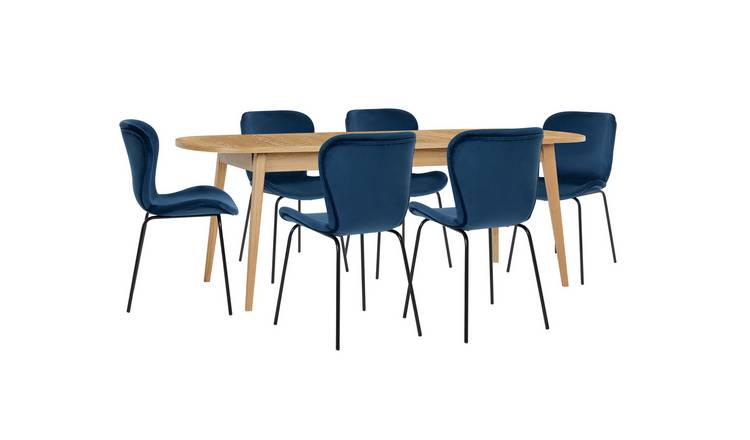 Habitat Etta Wood Veneer Extending Table & 6 Navy Chairs