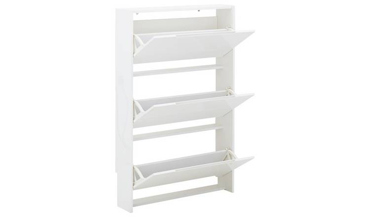 Narrow High Gloss 3 Tier Shoe Cabinet - White