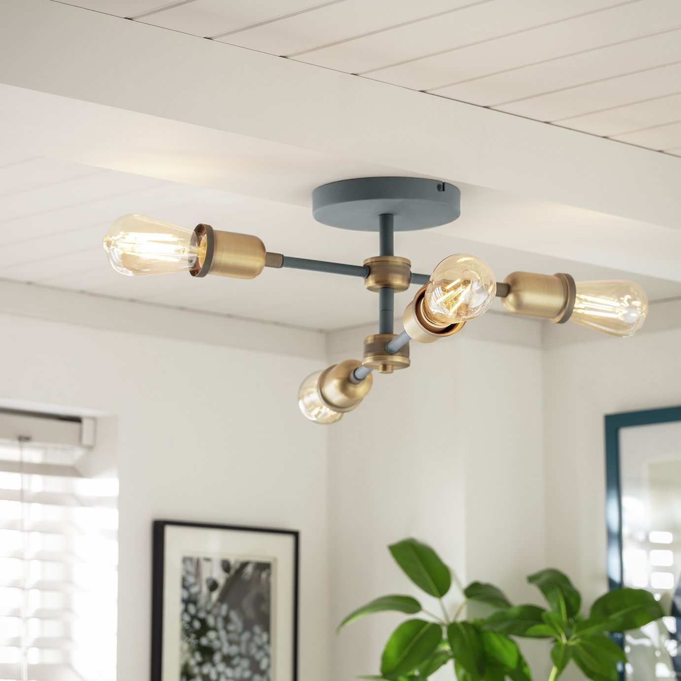 Habitat Tay 4 Light Flush to Ceiling Light - Grey & Brass