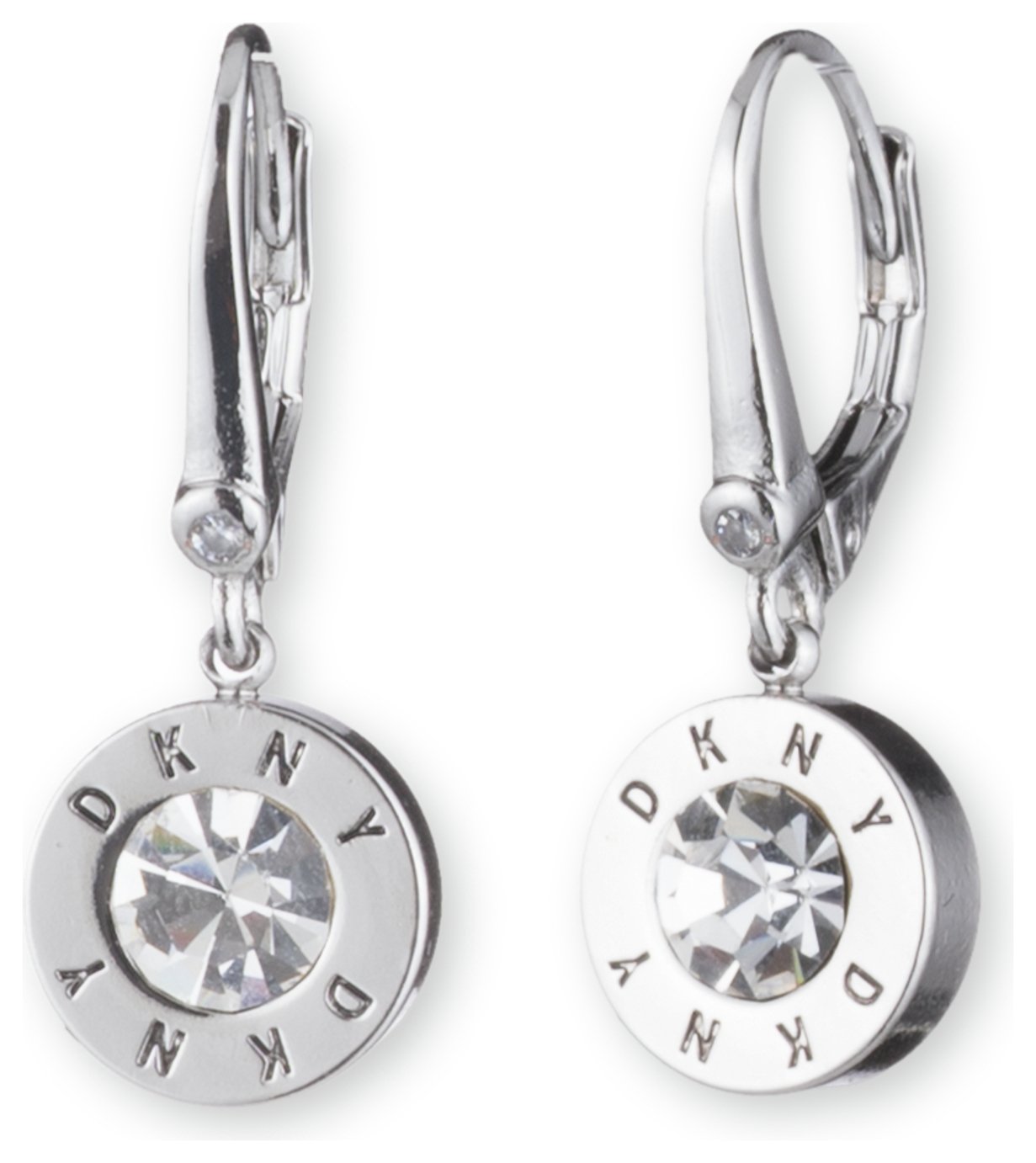 DKNY Silver Plated Crystal Logo Drop Earrings 