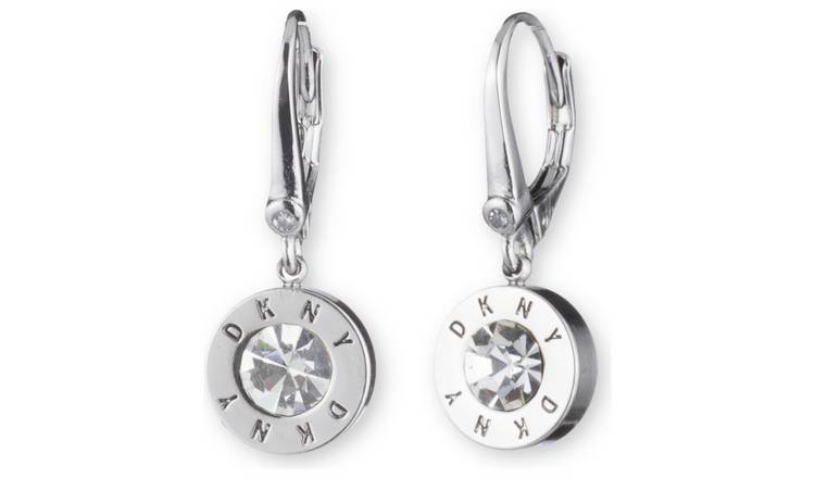 DKNY Silver Plated Crystal Logo Drop Earrings 
