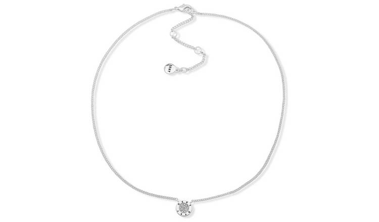 DKNY Silver Plated Round Crystal Logo Pendant Necklace