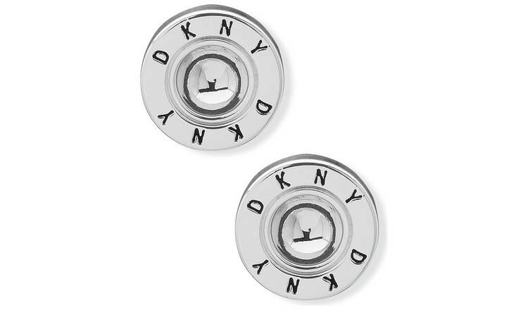 DKNY Silver Plated Round Crystal Logo Stud Earrings