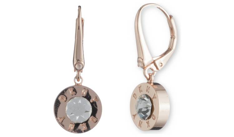 DKNY Rose Gold Plated Round Crystal Logo Drop Earrings