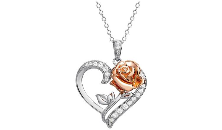 Disney Princess Rhodium Belle Rose Heart Pendant