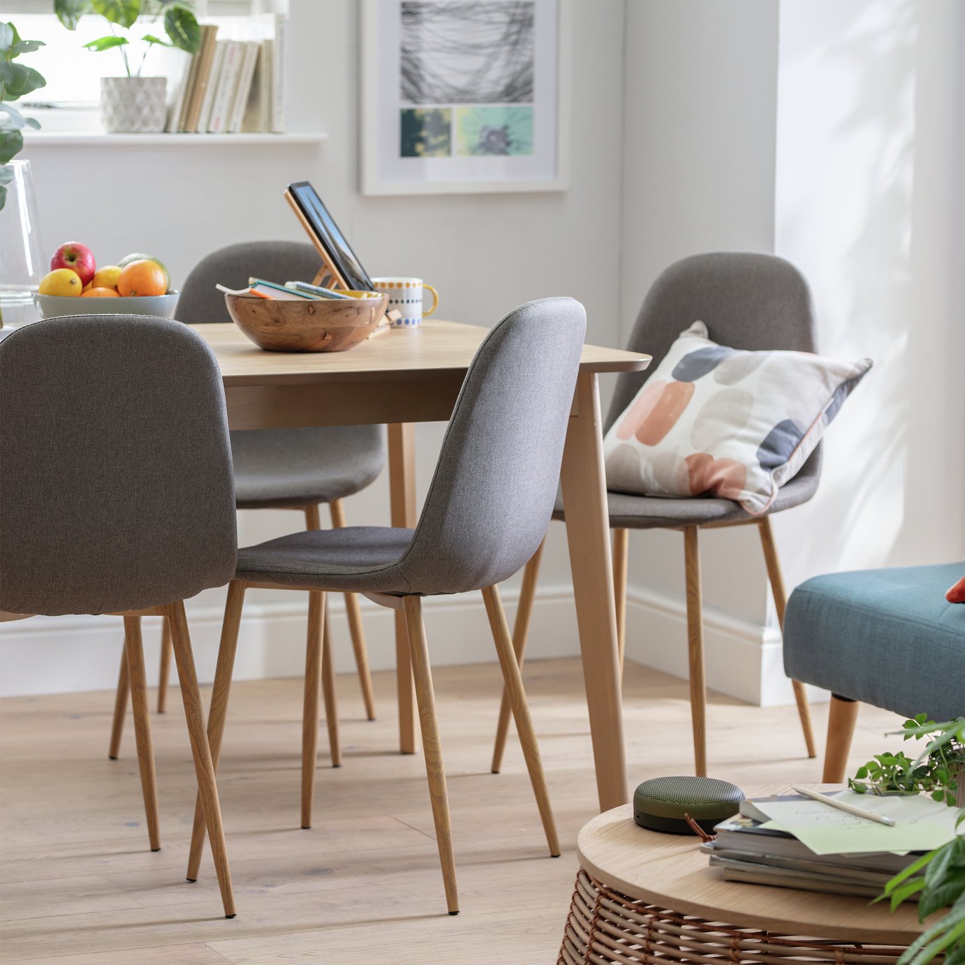 Habitat Skandi Wood Dining Table and 4 Beni Grey Chairs