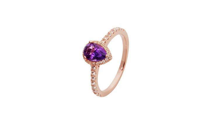 Revere 9ct Rose Gold Plated Silver Amethyst Halo Ring - M