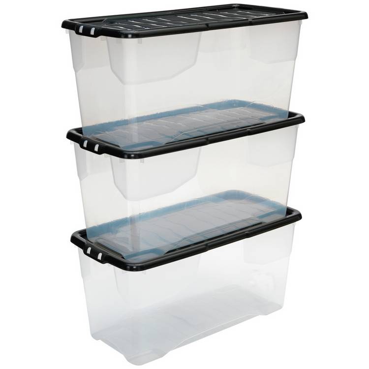 Strata Curve 3 x 80L Plastic Storage Boxes with Lid - Clear 0