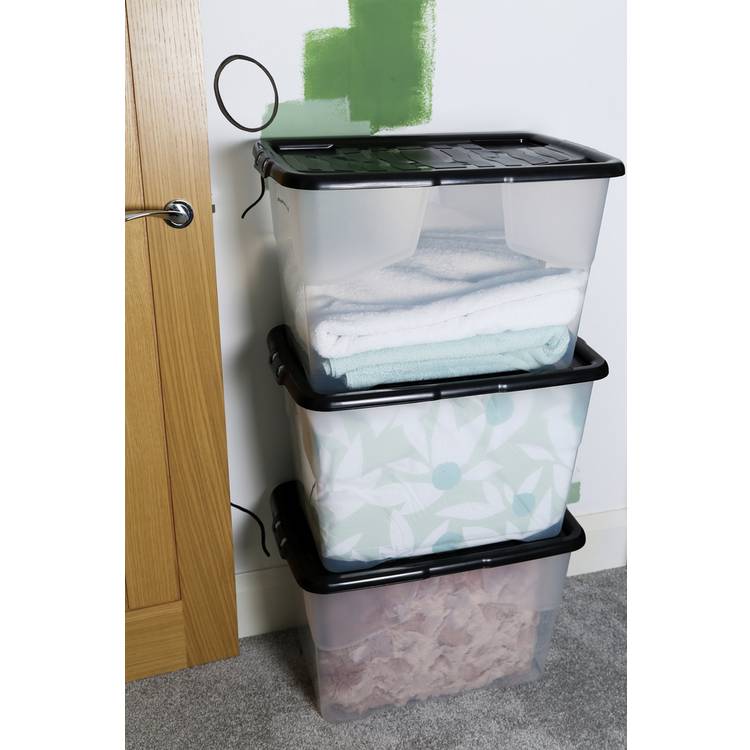 Strata Curve 3 x 65L Plastic Storage Boxes with Lid - Clear 0