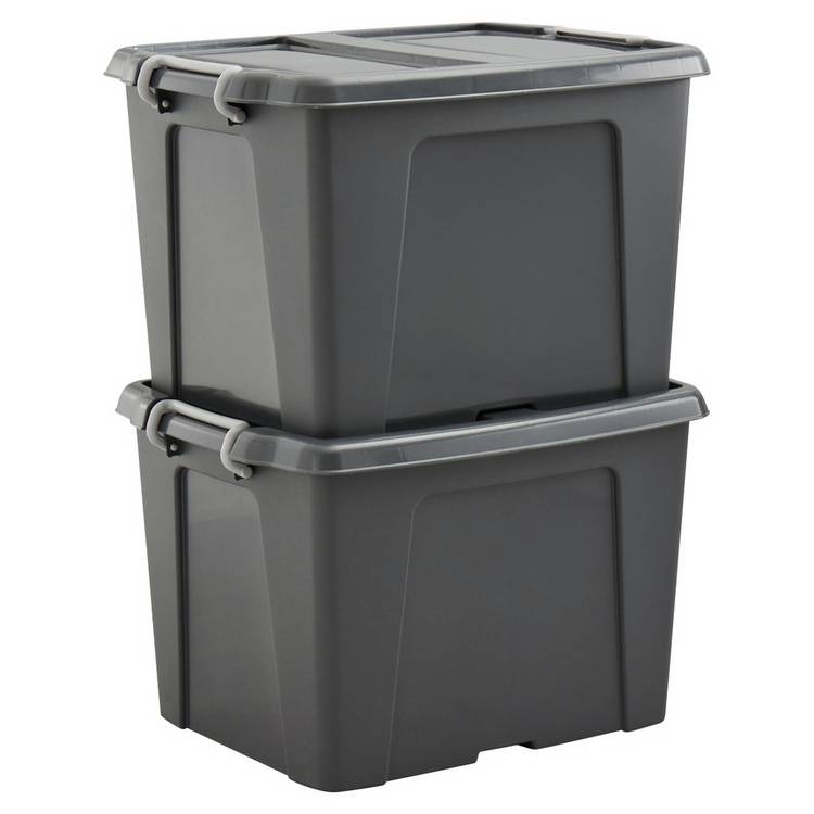 Strata 2 x 40L Recycled Lidded Plastic Storage Boxes - Grey 0