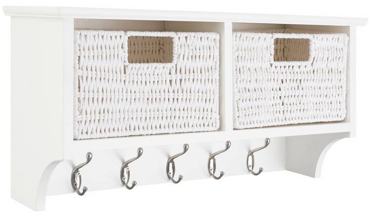 White shelves with deals hooks